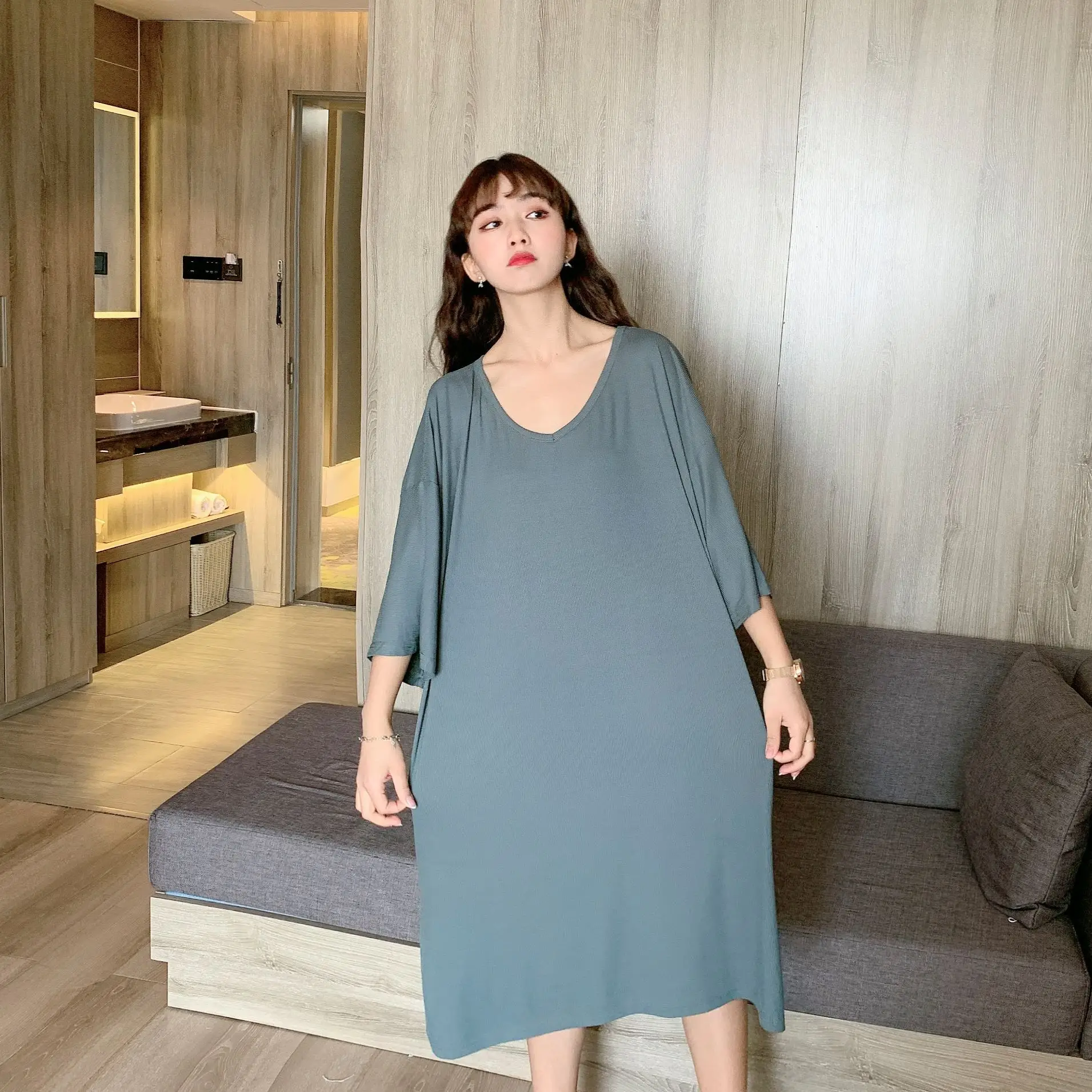 Plus Size Fat Body V-Neck Dress Solid Brown - Image 4