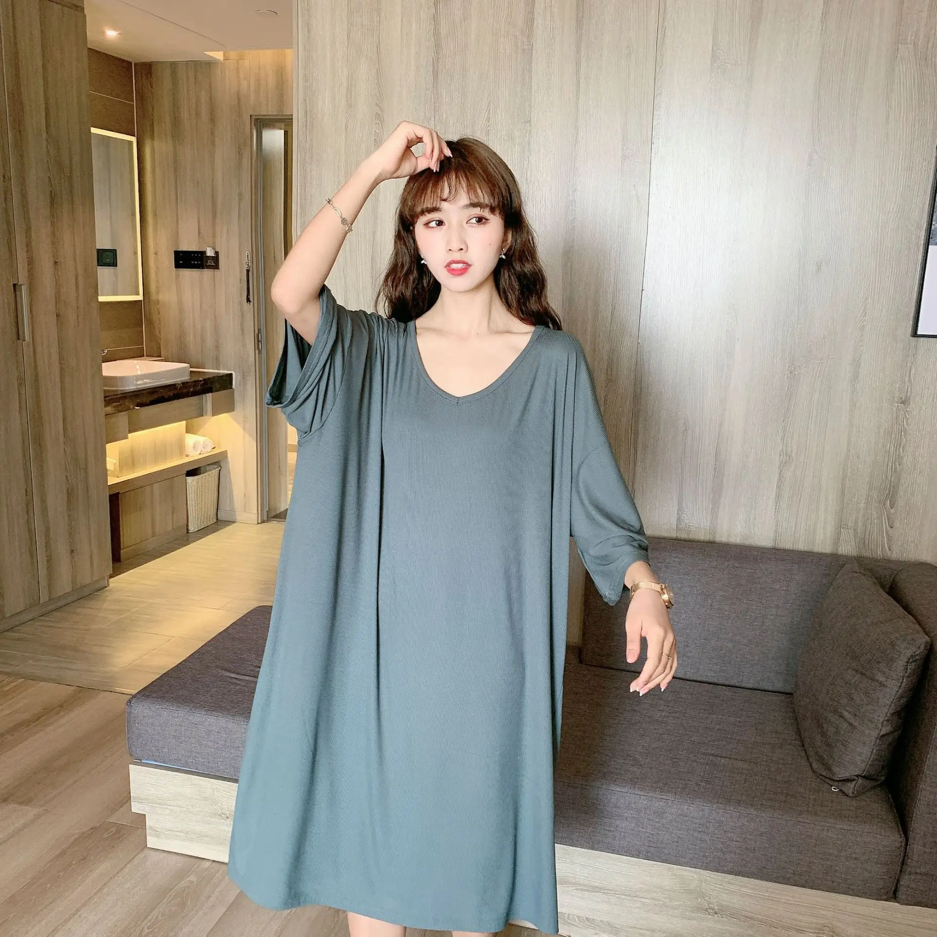 Plus Size Fat Body V-Neck Dress Solid Brown - Image 2