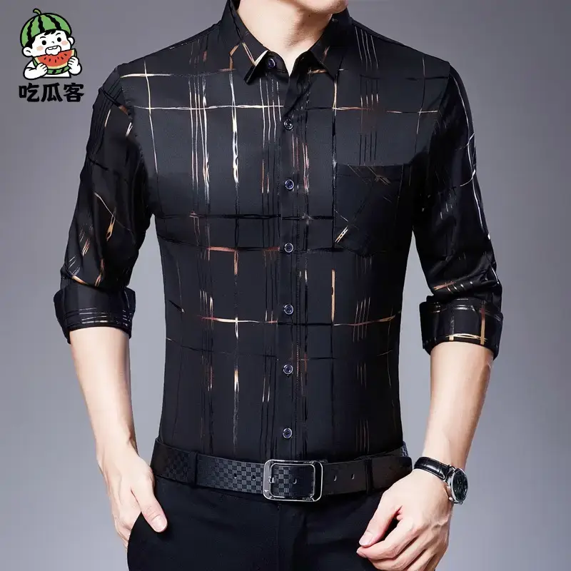 Men's Blue Printed Long Sleeve Shirt Business Casual - Image 12