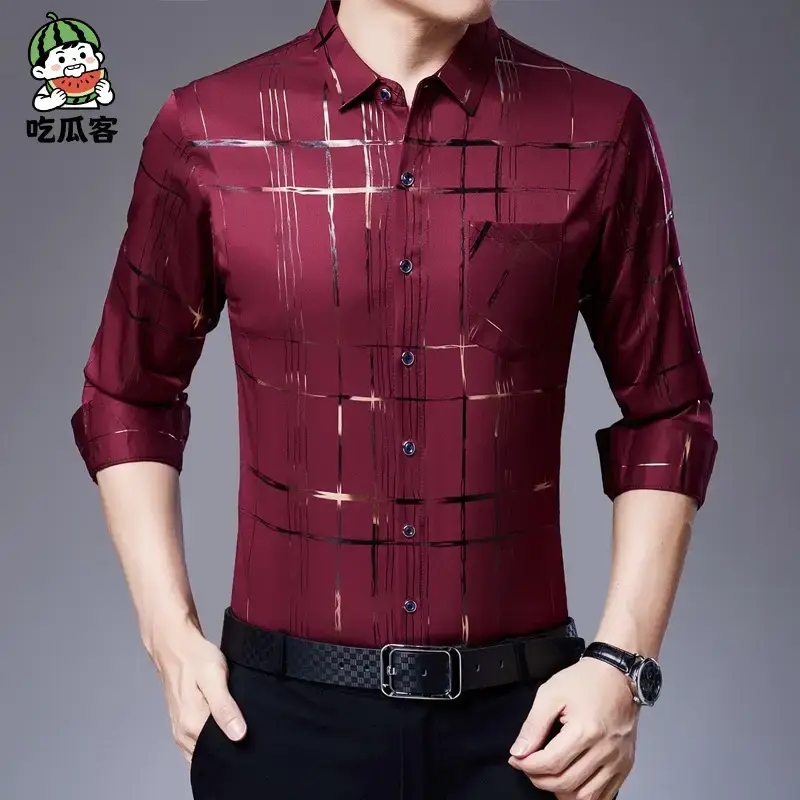 Men's Blue Printed Long Sleeve Shirt Business Casual - Image 13