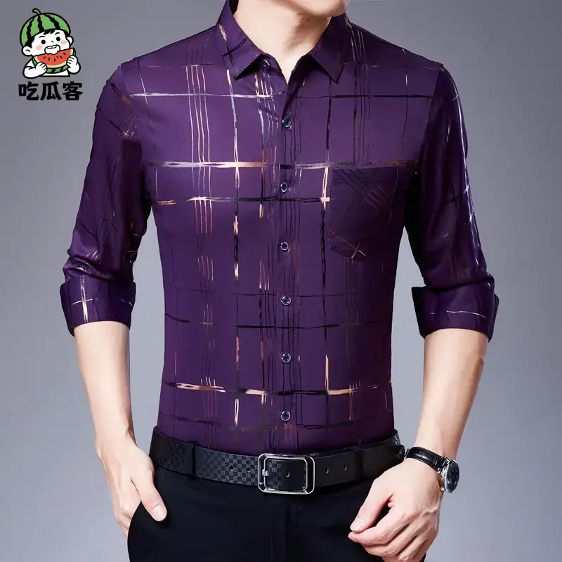 Men's Blue Printed Long Sleeve Shirt Business Casual - Image 14