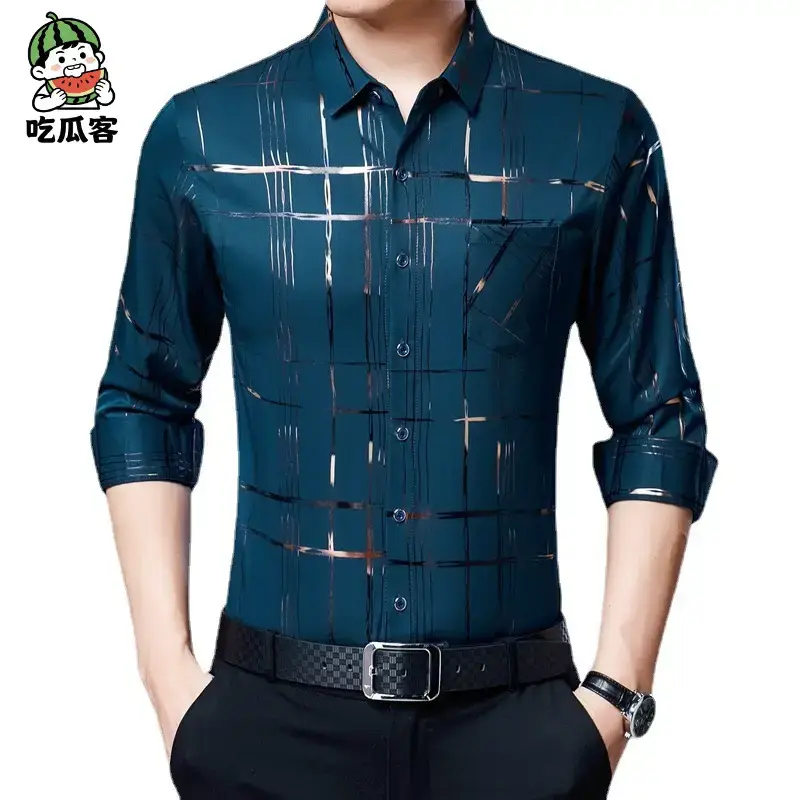 Men's Blue Printed Long Sleeve Shirt Business Casual - Image 15