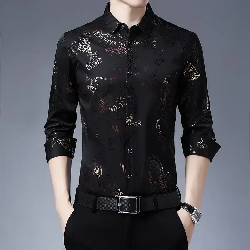 Men's Blue Printed Long Sleeve Shirt Business Casual - Image 10