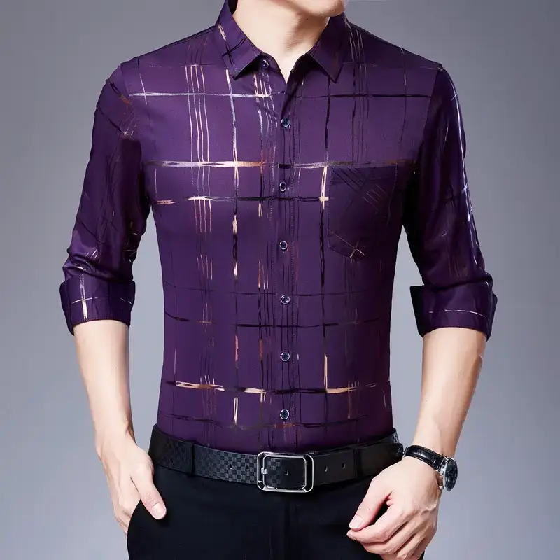 Men's Blue Printed Long Sleeve Shirt Business Casual - Image 2