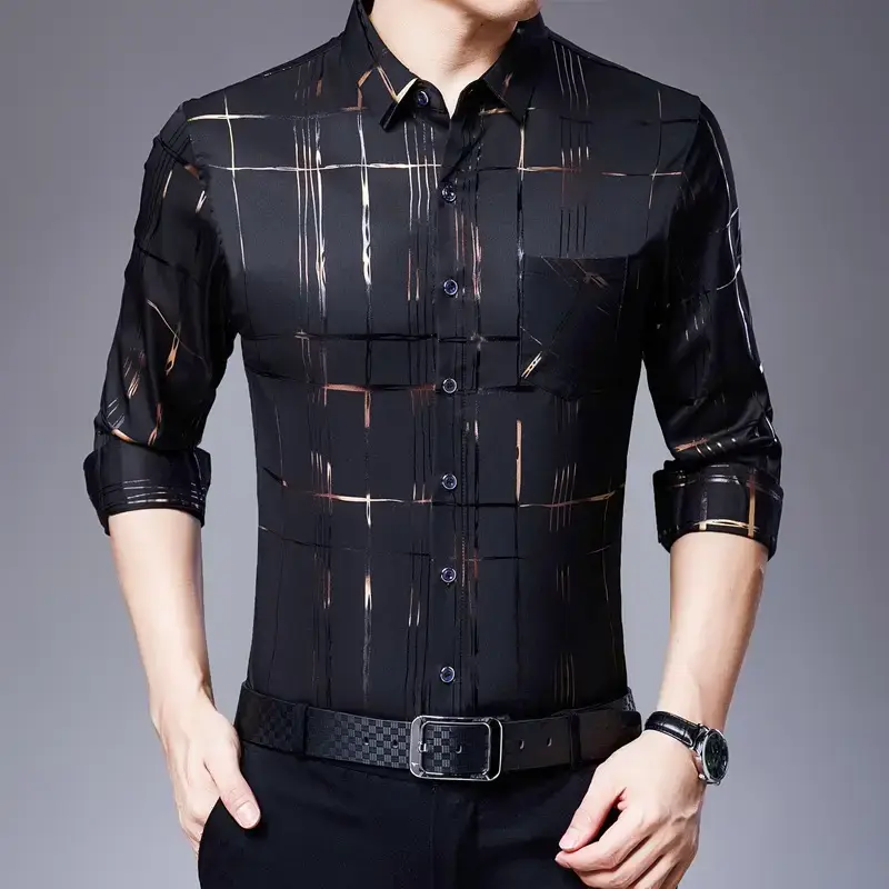Men's Blue Printed Long Sleeve Shirt Business Casual - Image 3