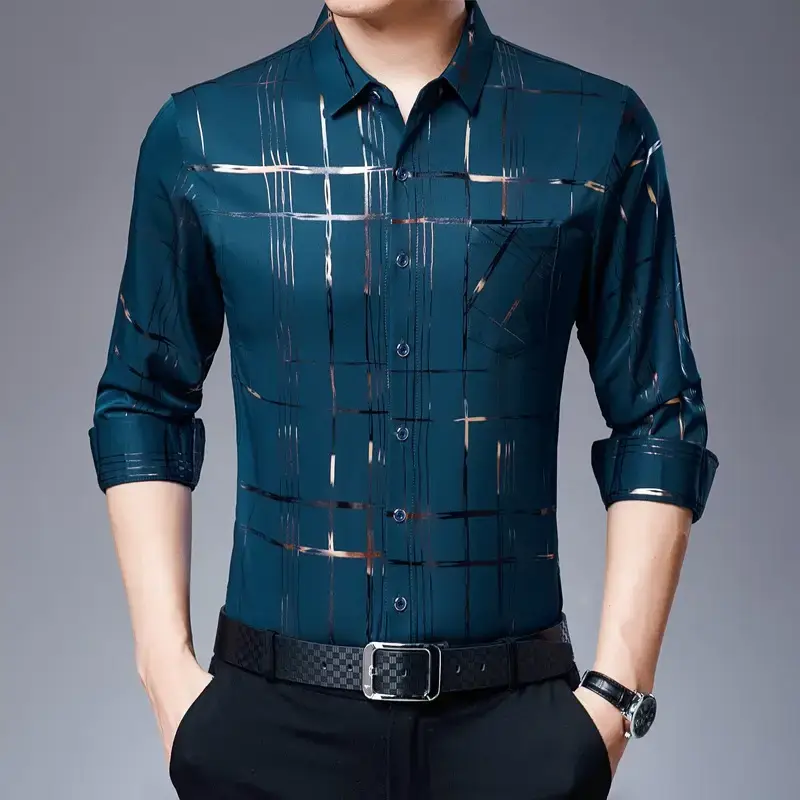 Men's Blue Printed Long Sleeve Shirt Business Casual - Image 4