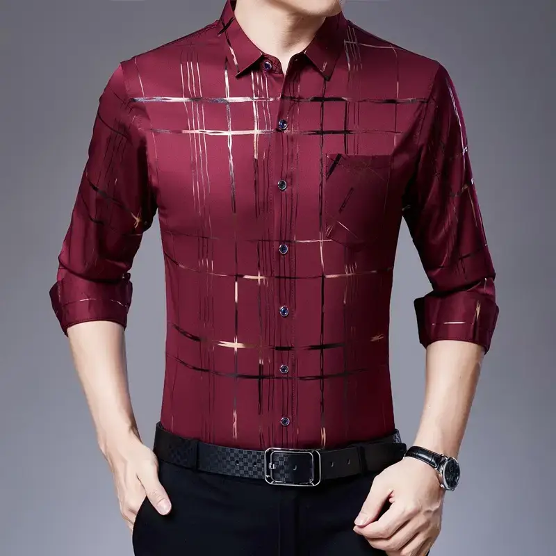 Men's Blue Printed Long Sleeve Shirt Business Casual - Image 5