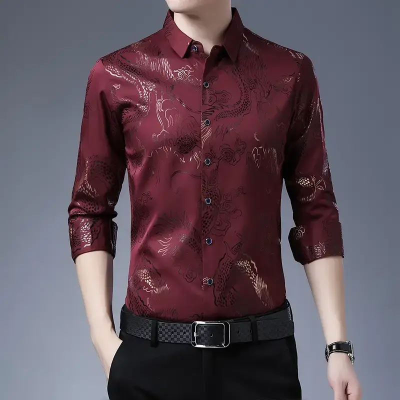 Men's Blue Printed Long Sleeve Shirt Business Casual - Image 7