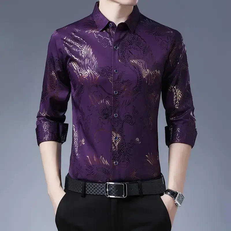 Men's Blue Printed Long Sleeve Shirt Business Casual - Image 8