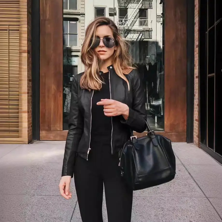 Women's Leather PU Jacket Black Topset with Handbag - Image 14