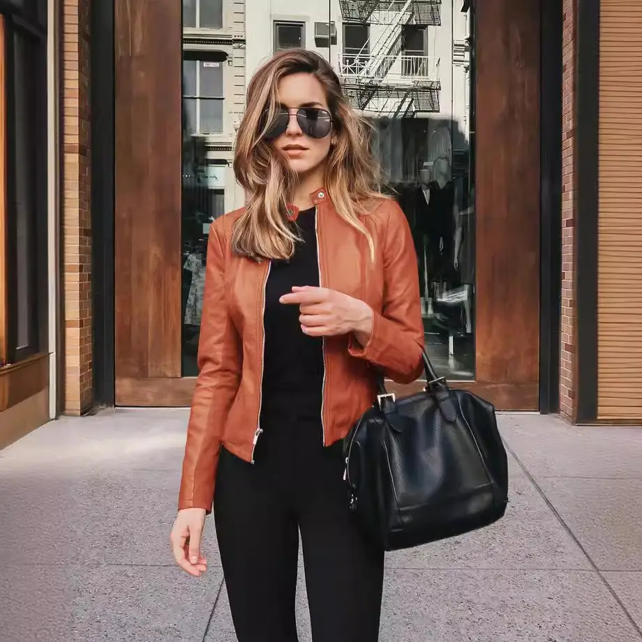 Women's Leather PU Jacket Black Topset with Handbag - Image 16