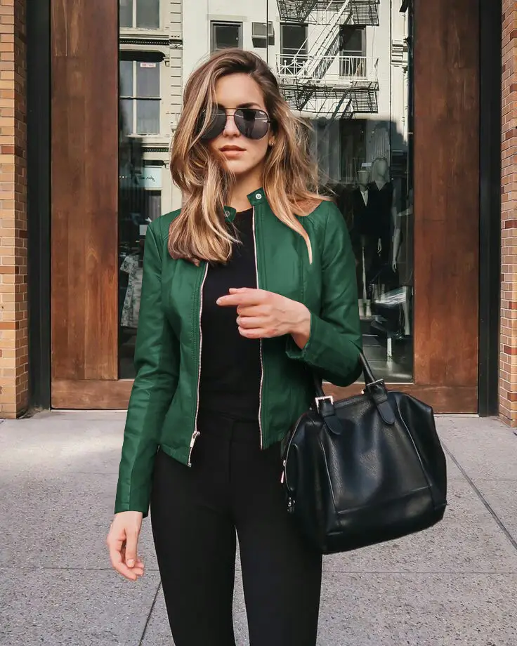 Women's Leather PU Jacket Black Topset with Handbag - Image 2