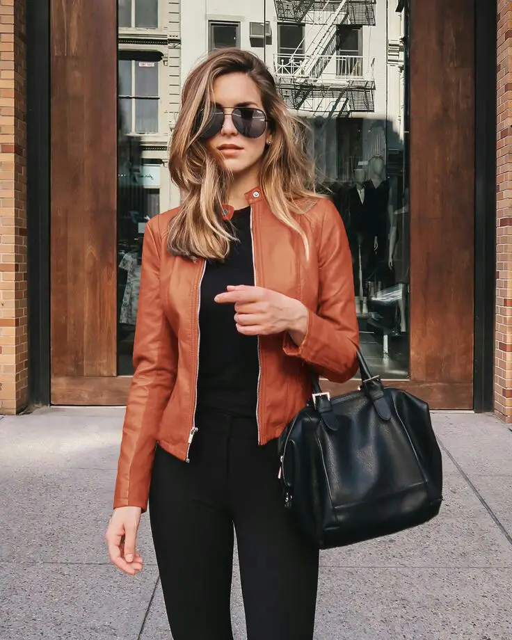 Women's Leather PU Jacket Black Topset with Handbag - Image 3