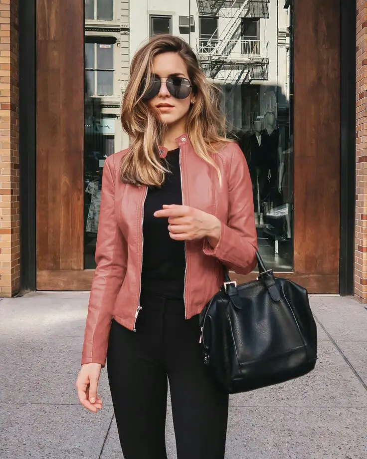 Women's Leather PU Jacket Black Topset with Handbag - Image 7