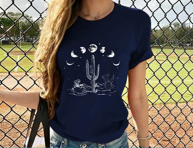Red T-Shirt Lunar Eclipse Cactus Print Short Sleeve - Image 2