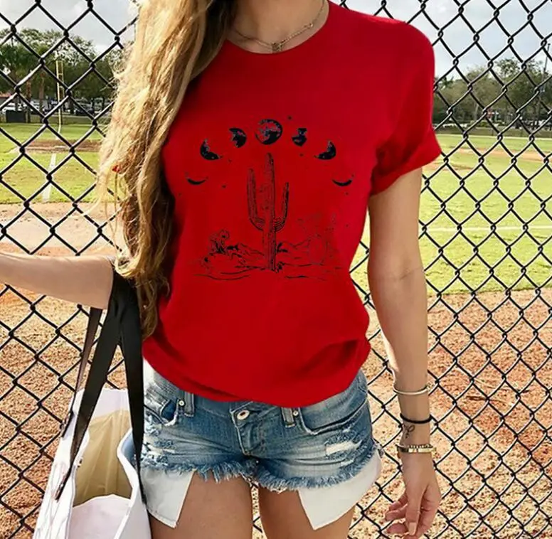 Red T-Shirt Lunar Eclipse Cactus Print Short Sleeve - Image 3
