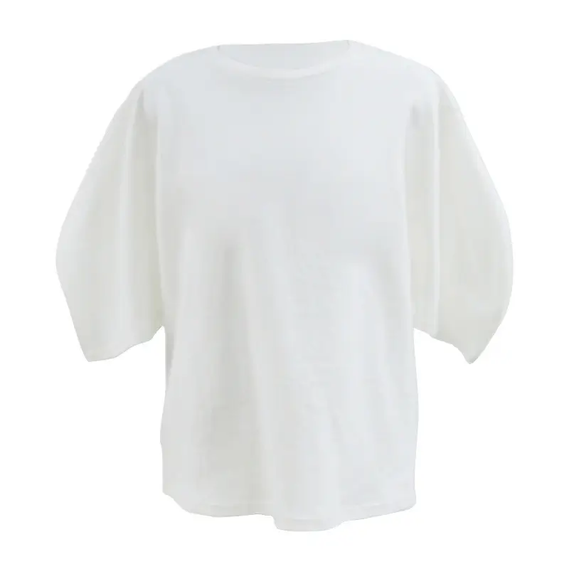 Women White Curved Sleeve T-Shirt Short Sleeve Cotton Spring Summer