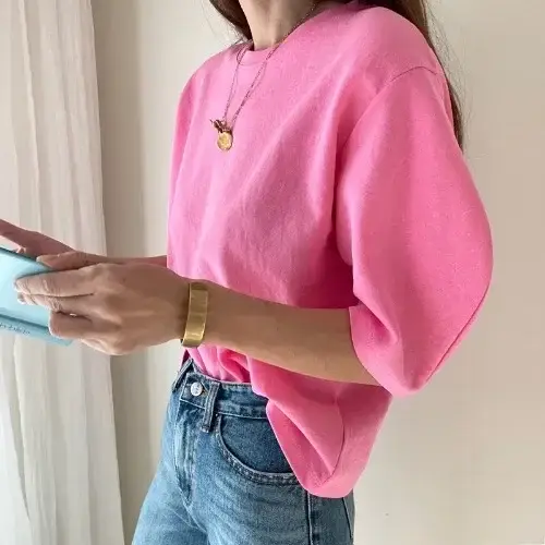 Women White Curved Sleeve T-Shirt Short Sleeve Cotton Spring Summer