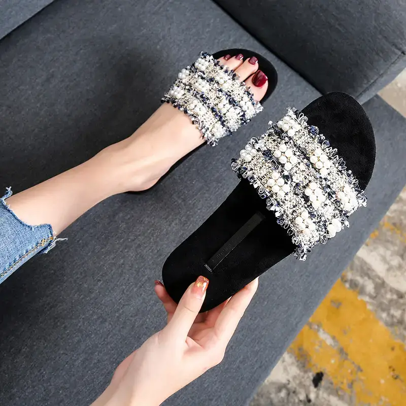 Women's Pearl Embellished Slippers Extra Large 2022