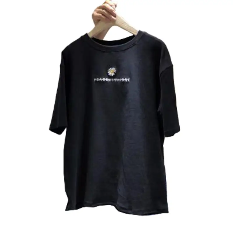 Women 2025 Korean Style Black T-Shirt with Chrysanthemum Embroidery - Image 7