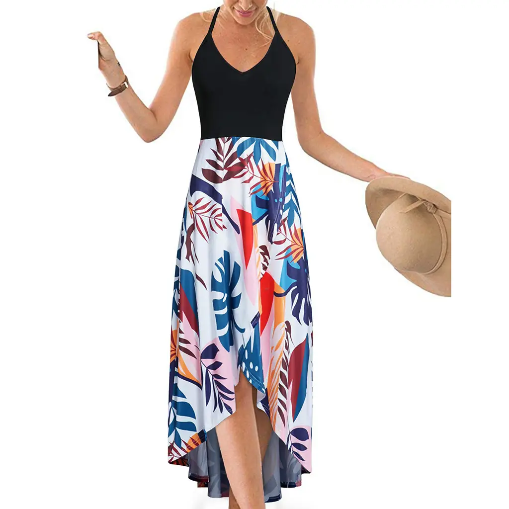Color Block Printed V Neck Backless Dress for Women - Image 10