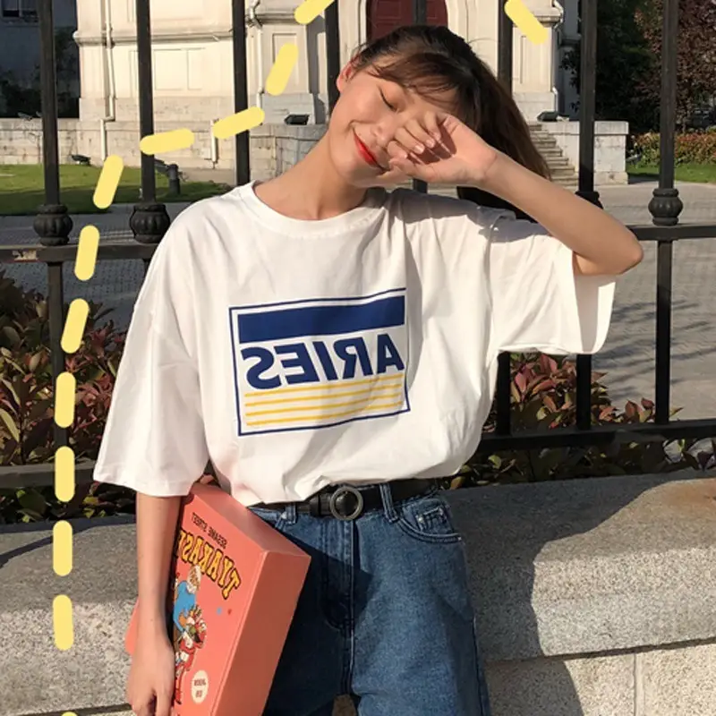 Women Letter Print T-Shirt White 2023 Summer Loose Fit