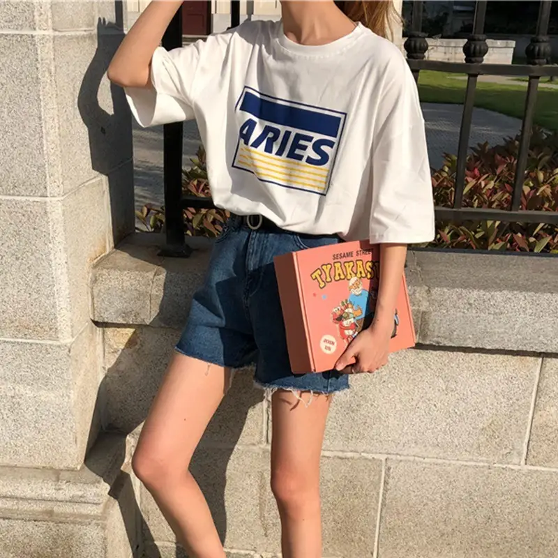 Women Letter Print T-Shirt White 2023 Summer Loose Fit