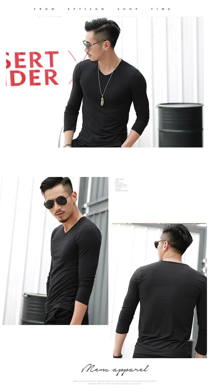 Men's Black V-Neck Long Sleeve T-Shirt — feature 9