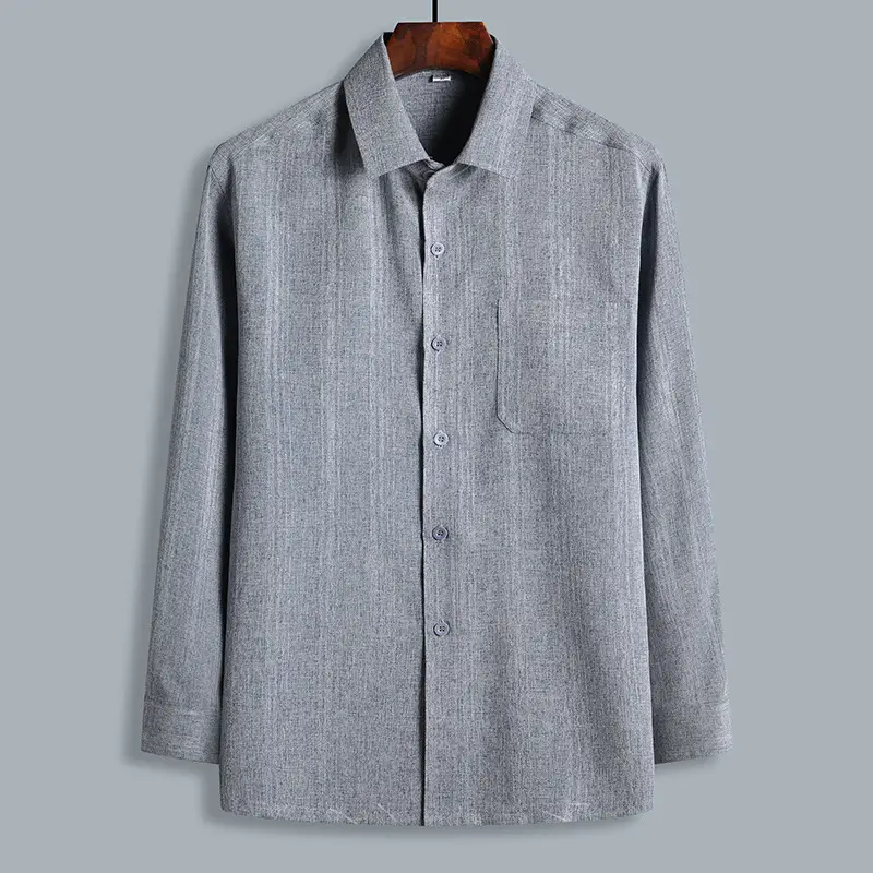 Men Cotton Long Sleeve Shirt Grey Loose Fitting - Image 4