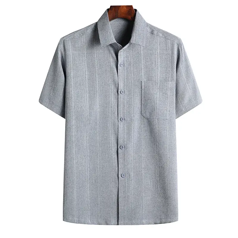 Men Cotton Linen Short Sleeve Shirt Grey - Image 2