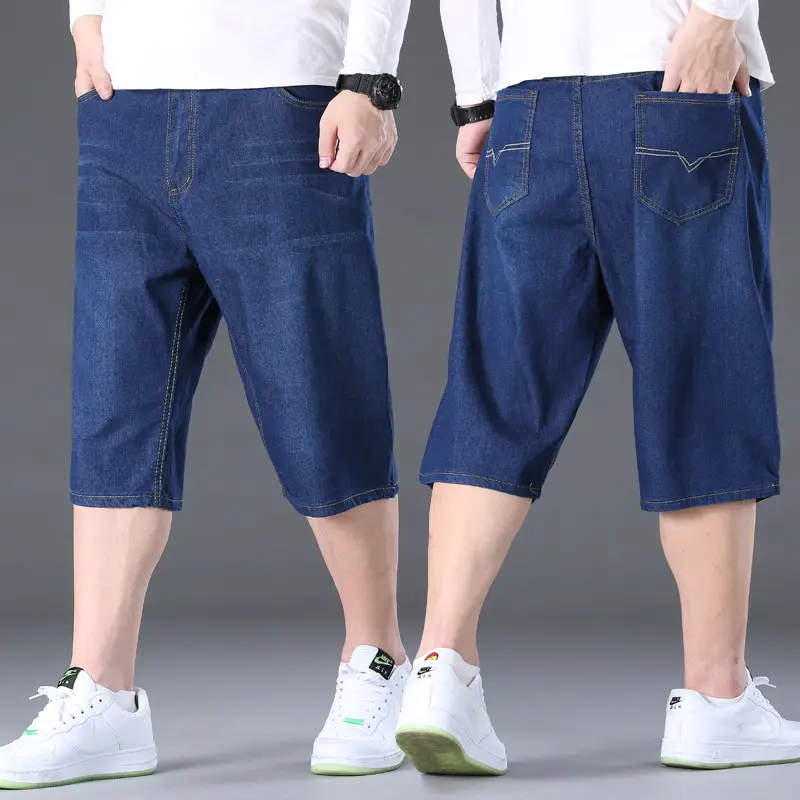 Men Denim Capri Shorts Blue Elastic Waist Loose Fit