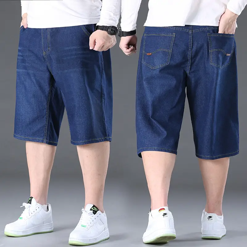 Men Denim Capri Shorts Blue Elastic Waist Loose Fit