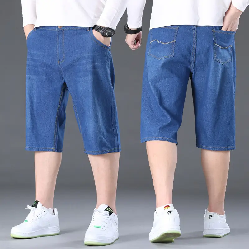 Men Denim Capri Shorts Blue Elastic Waist Loose Fit