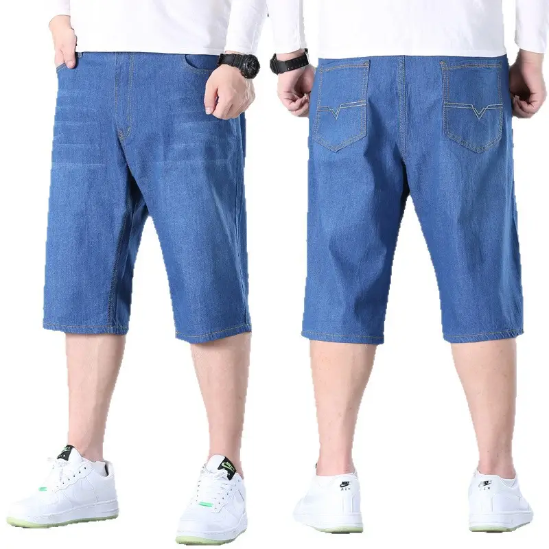 Men Denim Capri Shorts Blue Elastic Waist Loose Fit