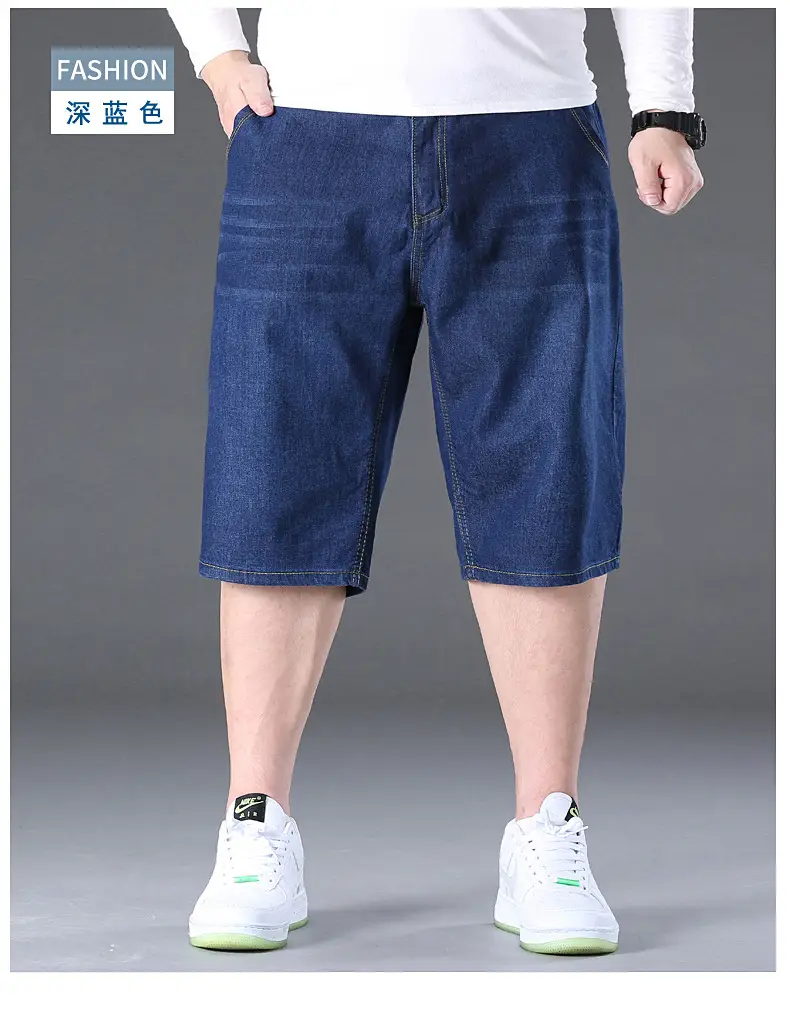 Men Denim Capri Shorts Blue Elastic Waist Loose Fit — feature 12