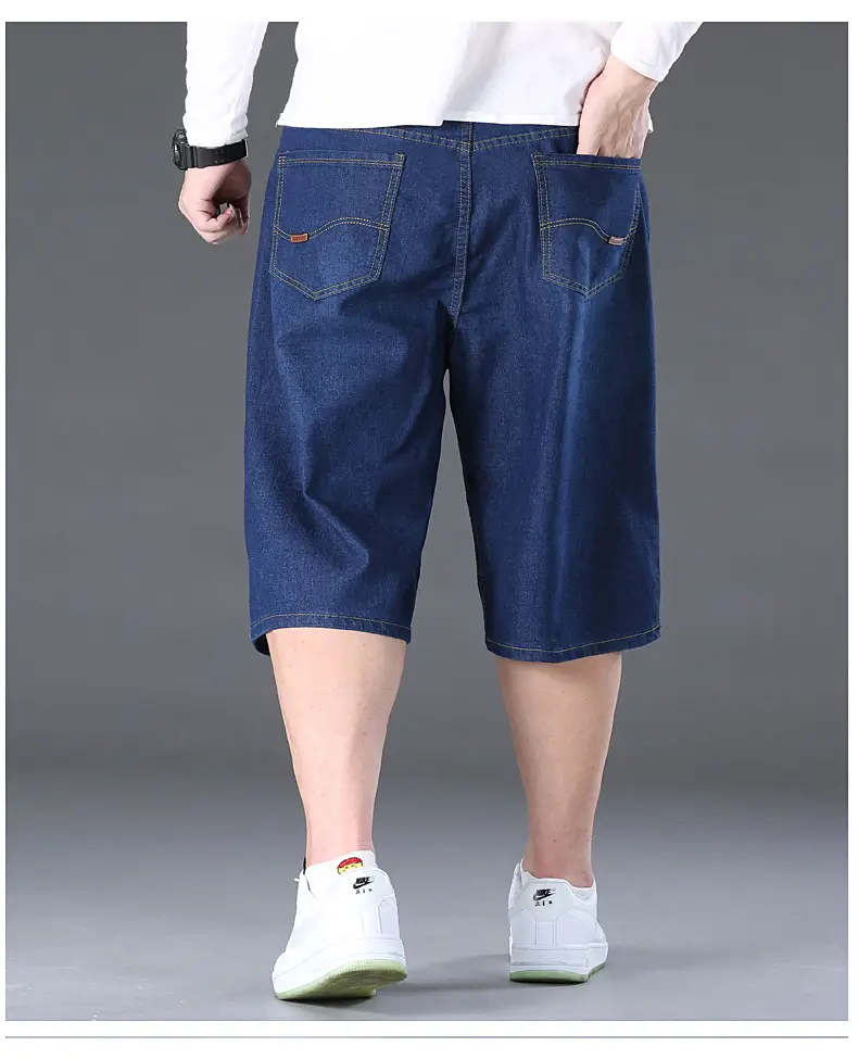 Men Denim Capri Shorts Blue Elastic Waist Loose Fit — feature 13