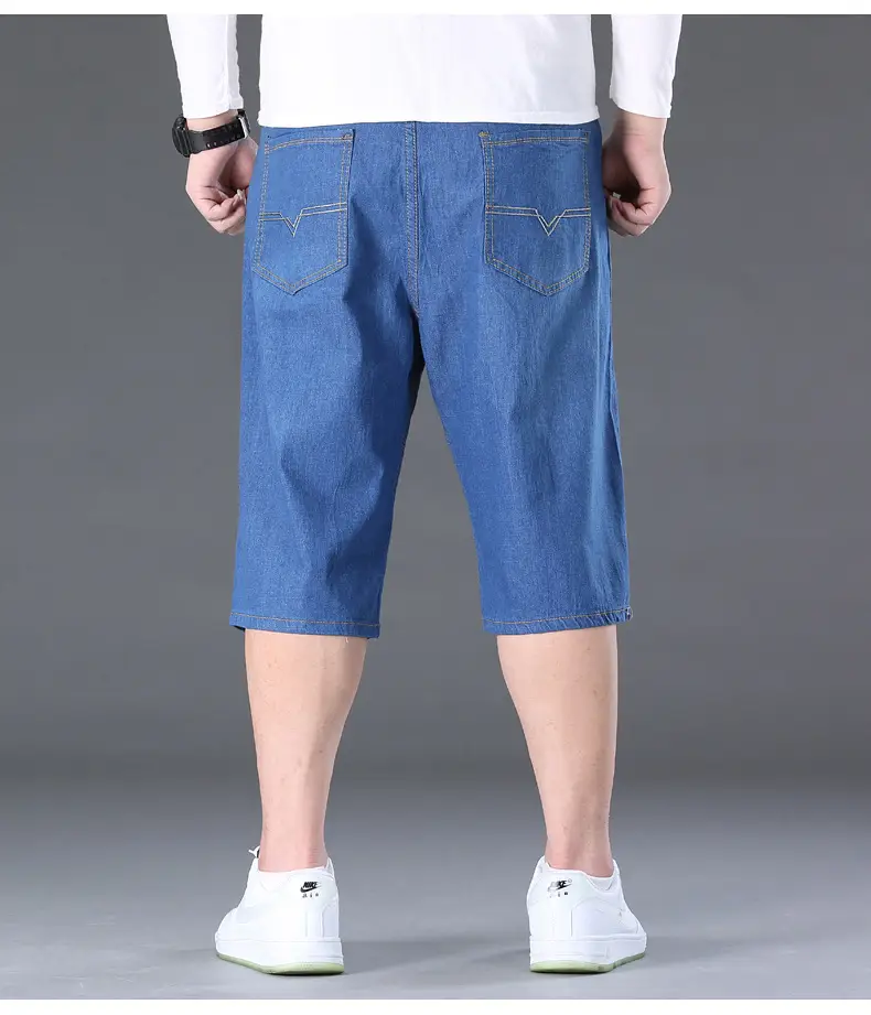 Men Denim Capri Shorts Blue Elastic Waist Loose Fit — feature 28