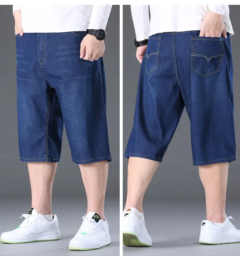 Men Denim Capri Shorts Blue Elastic Waist Loose Fit — feature 31