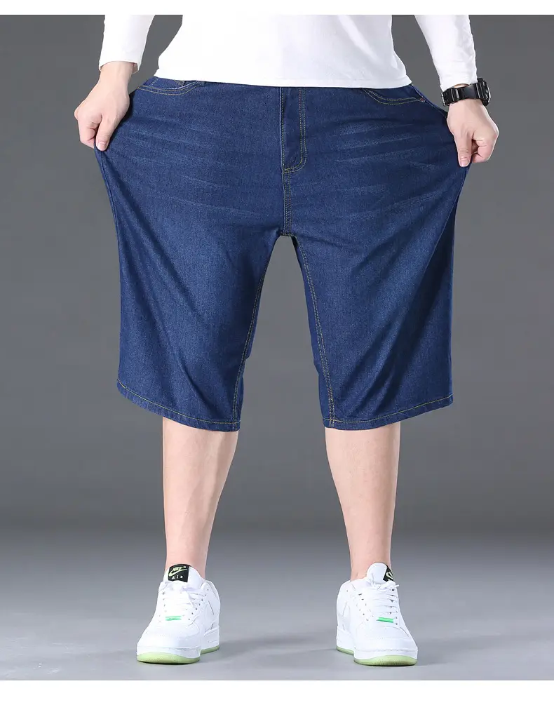 Men Denim Capri Shorts Blue Elastic Waist Loose Fit — feature 32