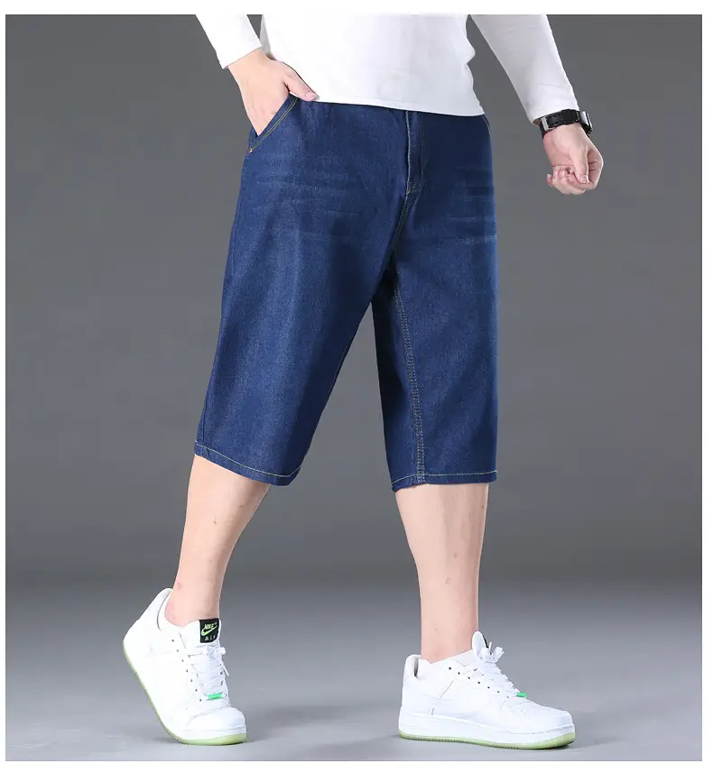 Men Denim Capri Shorts Blue Elastic Waist Loose Fit — feature 4