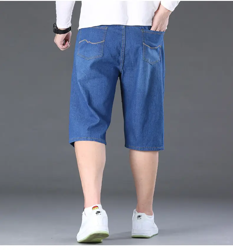 Men Denim Capri Shorts Blue Elastic Waist Loose Fit — feature 8