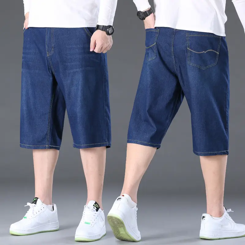 Men Denim Capri Shorts Blue Elastic Waist Loose Fit