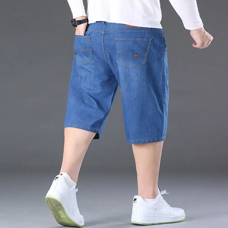 Men Denim Capri Shorts Blue Elastic Waist Loose Fit