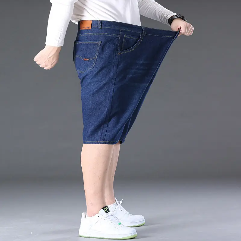 Men Denim Capri Shorts Blue Elastic Waist Loose Fit