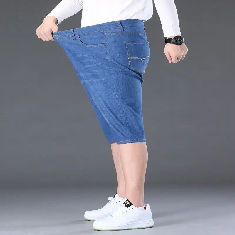 Men Denim Capri Shorts Blue Elastic Waist Loose Fit
