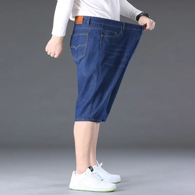 Men Denim Capri Shorts Blue Elastic Waist Loose Fit
