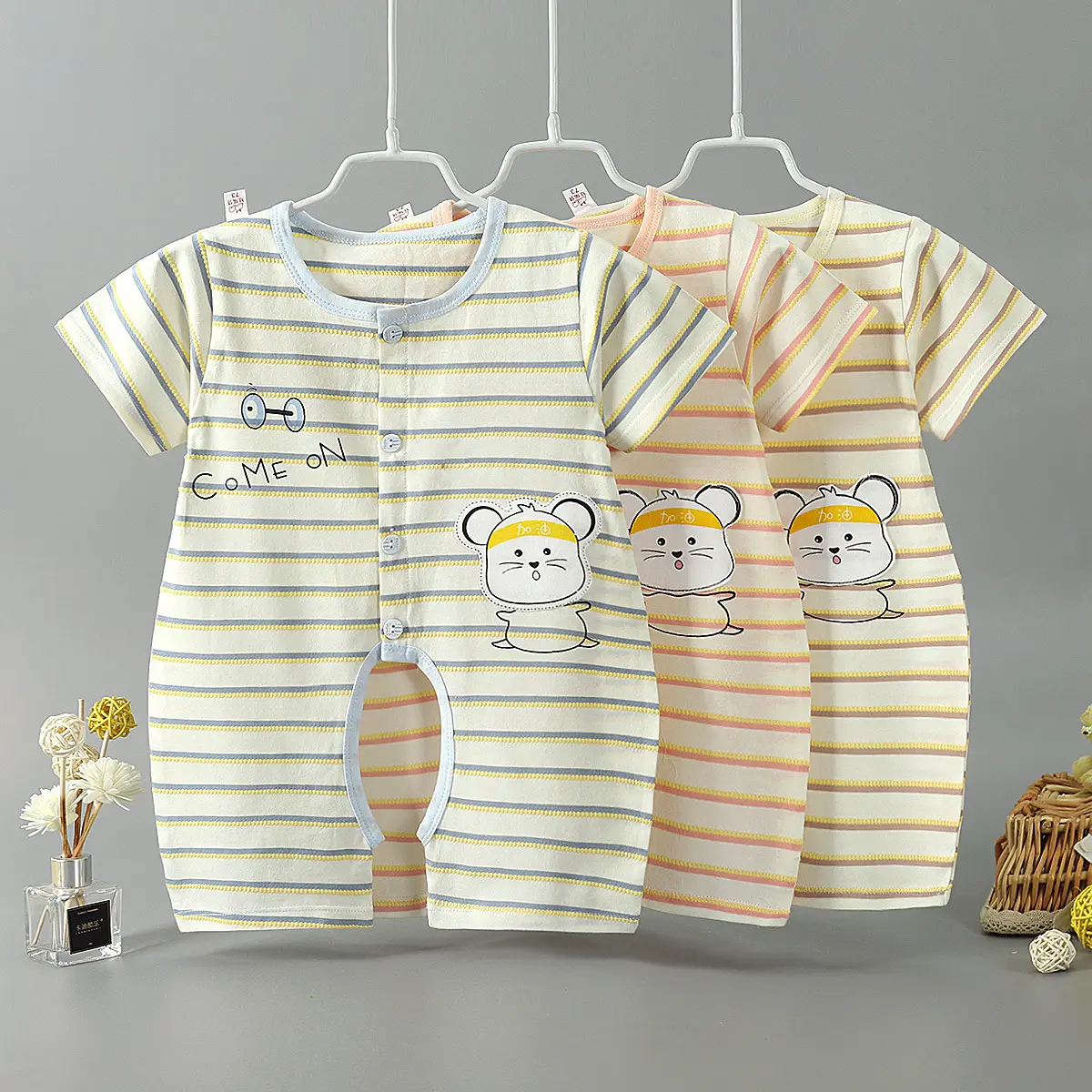 Newborn Half-Sleeved Hatshirt Cream Striped Unibody Clothes - Image 4