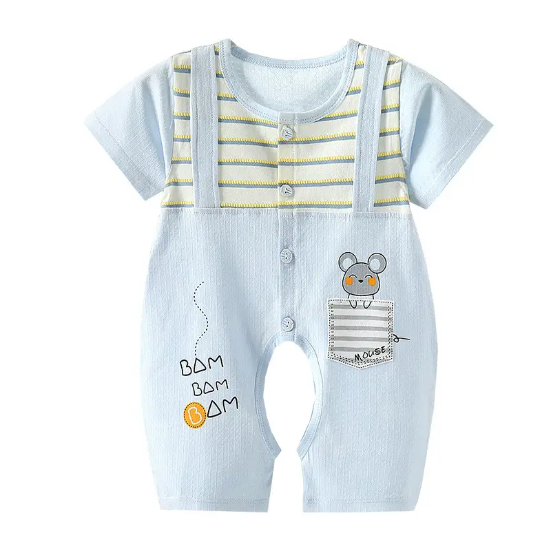 Newborn Half-Sleeved Hatshirt Cream Striped Unibody Clothes - Image 6