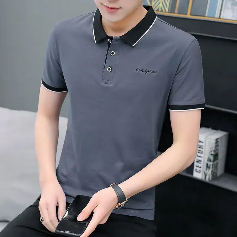 Men Slim Fit Grey Cotton Polo T-Shirt