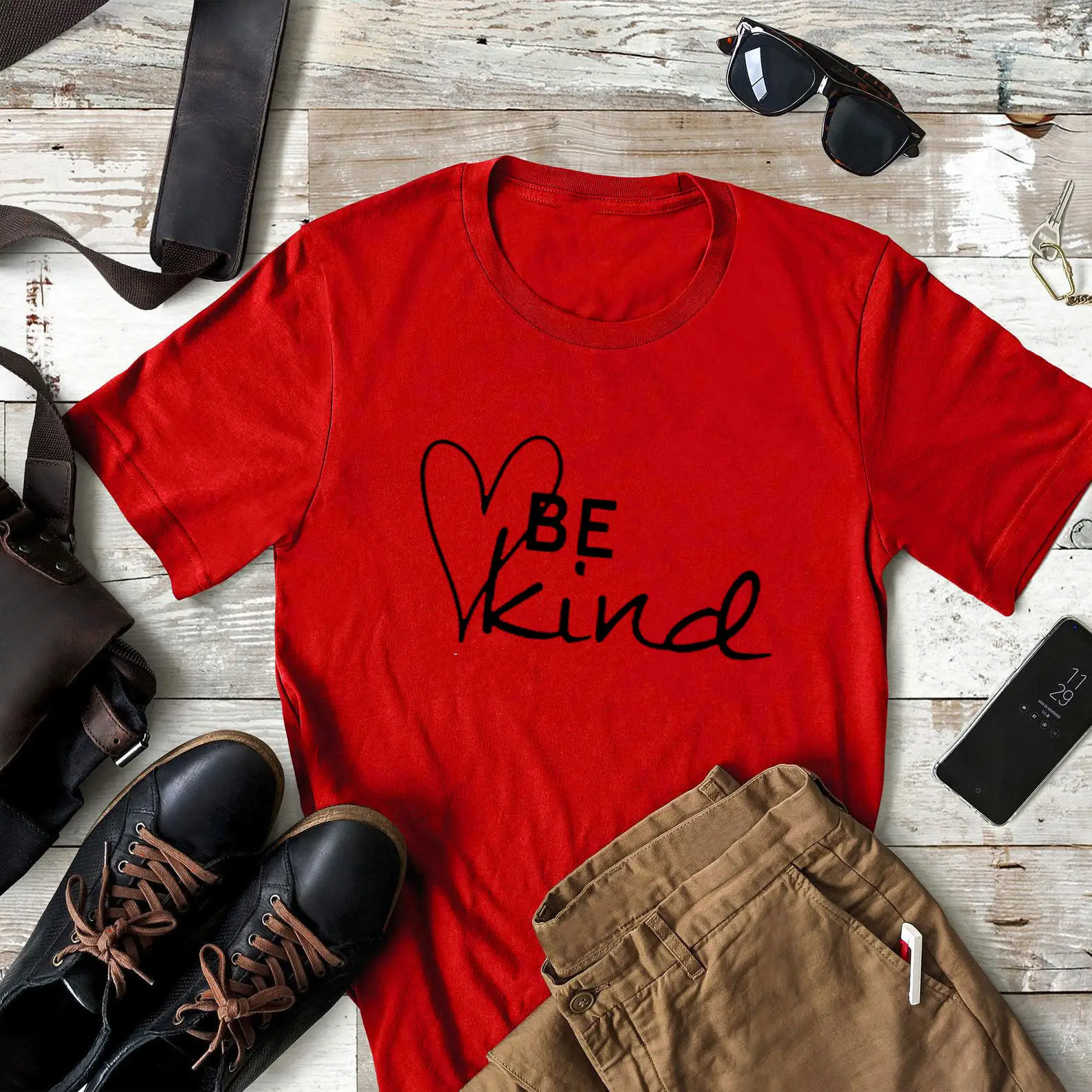 Red T-Shirt with Heart Design "Be Kind"